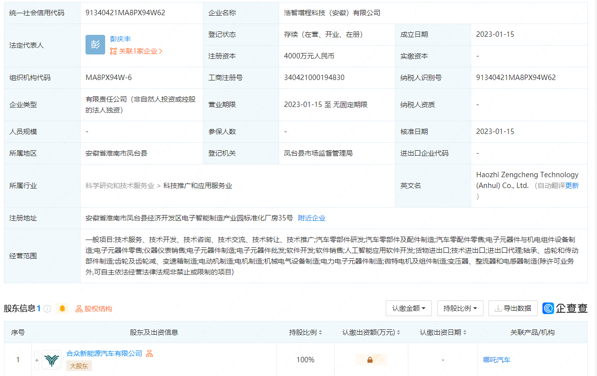 汽车全球快讯 | 哪吒汽车投资成立浩智增程公司 注册资本4000万元